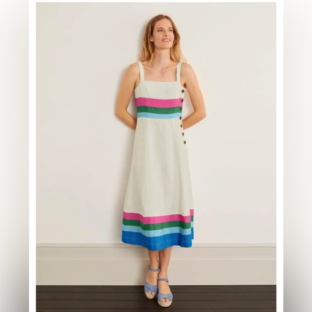 Boden UK10P US6P Linen Blend Willa Midi Dress Ivory Stripe